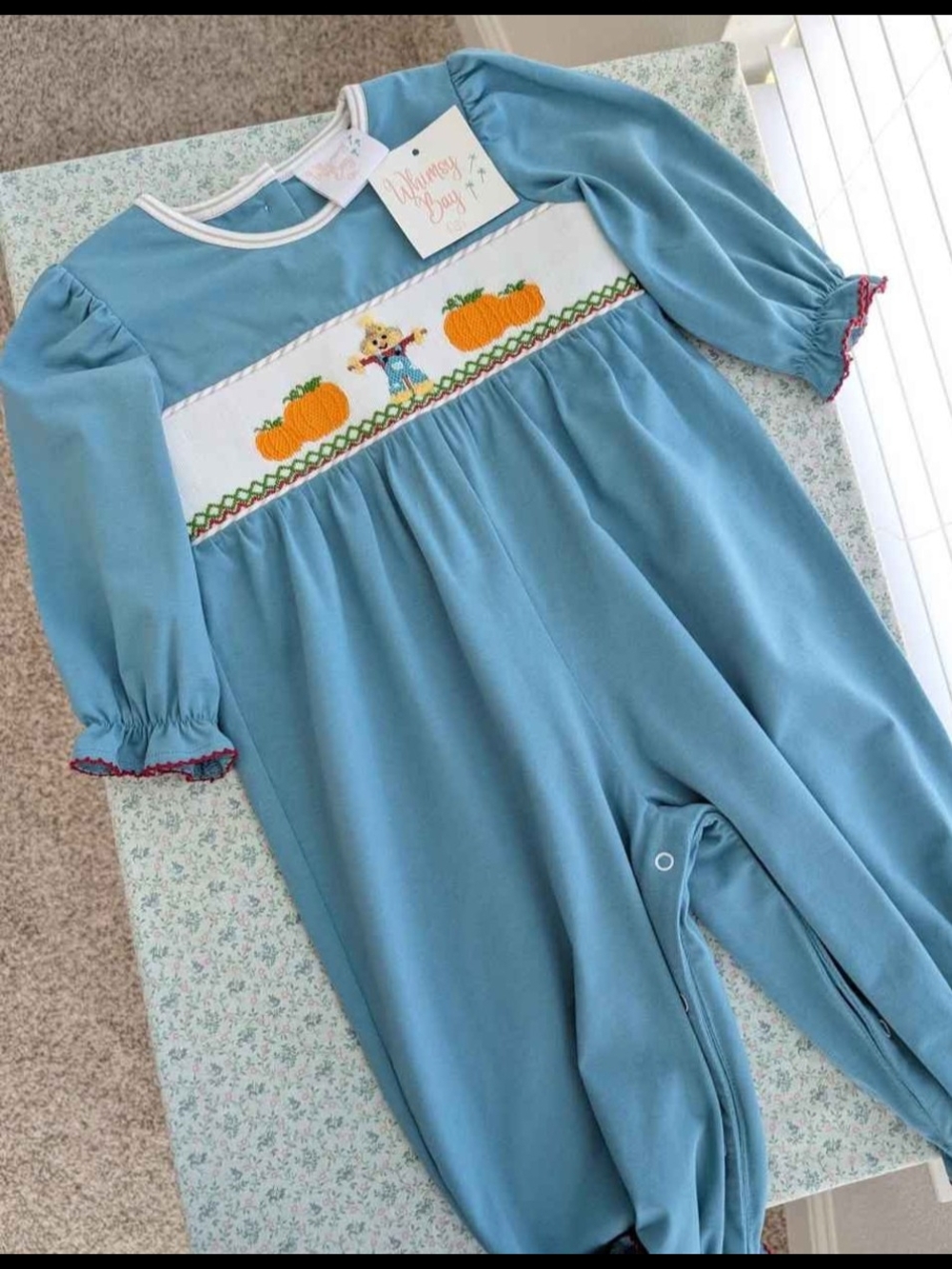 NWT 18 Mos Whimsy Bay Smocked Teal Scarecrow And Pumpkins Romper